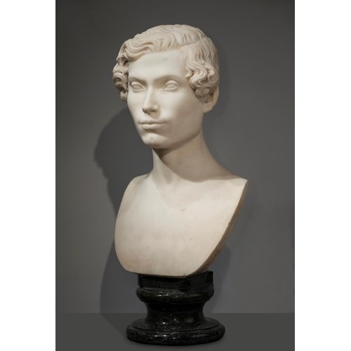 White marble bust of nobleman, on the original verde arno marble base